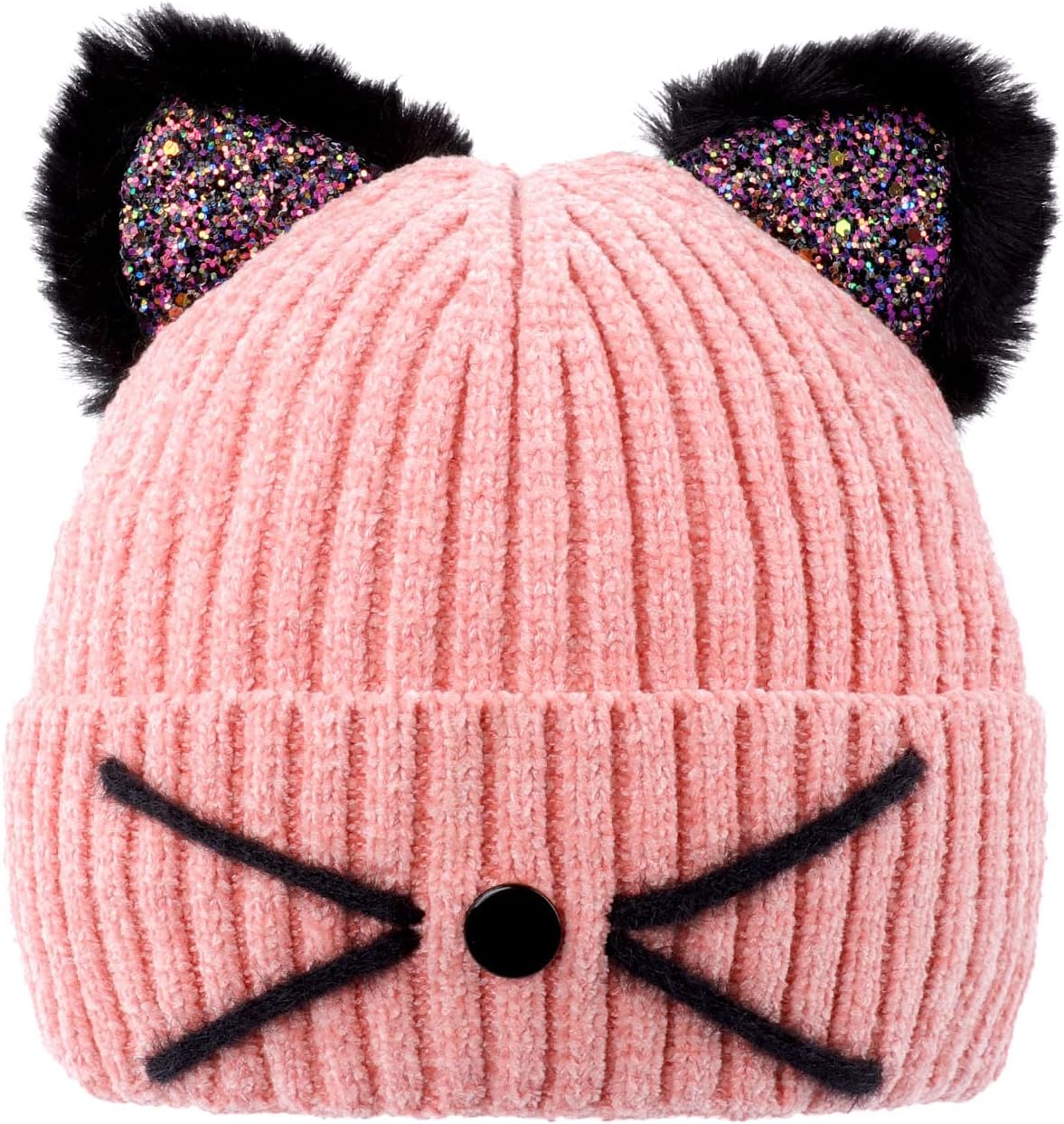 Kids Girls Sequin Cat Ears Hats Winter Knitted Beanie Hat for Outdoor Snow Ski Skull Cap Ages 7-12