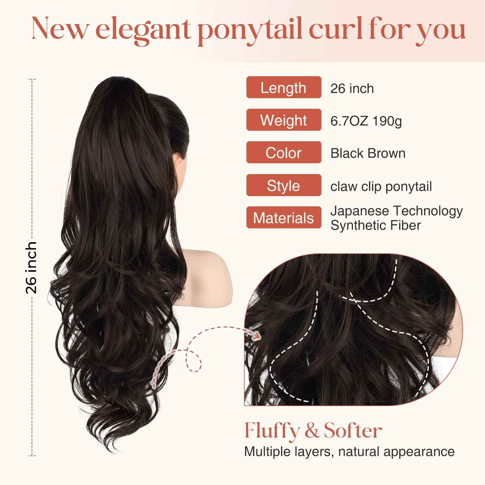 Flufymooz 26" Ponytail Extension, Long Wavy Curly Claw Clip in Ponytail Hair Extensions - Image 2