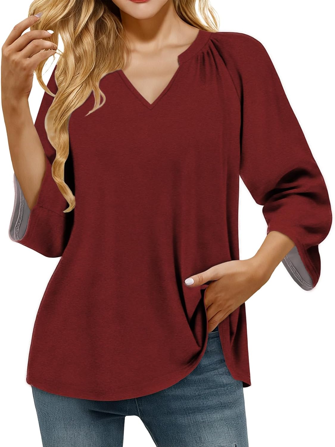 Plus Size Shirt for Women 2025 Pleated V Neck 3/4 Sleeve Tunic Loose Fit Casual Comfy Fashion Beach Outfits