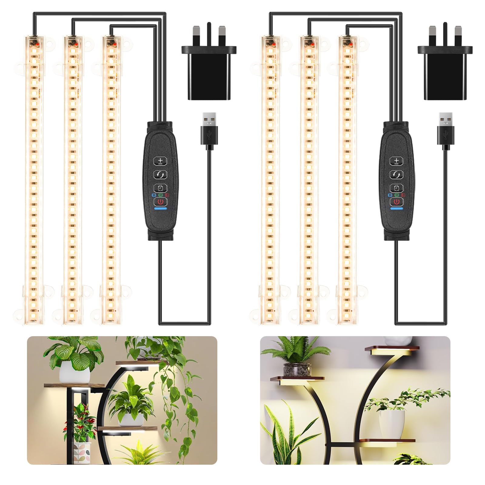 Czoumu 3 Head 2 Pack 8.6'' Led Grow Light Strips, Full Spectrum 3500K Grow Lights For Indoor Plants, 3 Head With 3/9/12H Timer, 10 Dimmable Levels, Suitable For Seedling, Succulent And Plant Shelf, 2-Pack