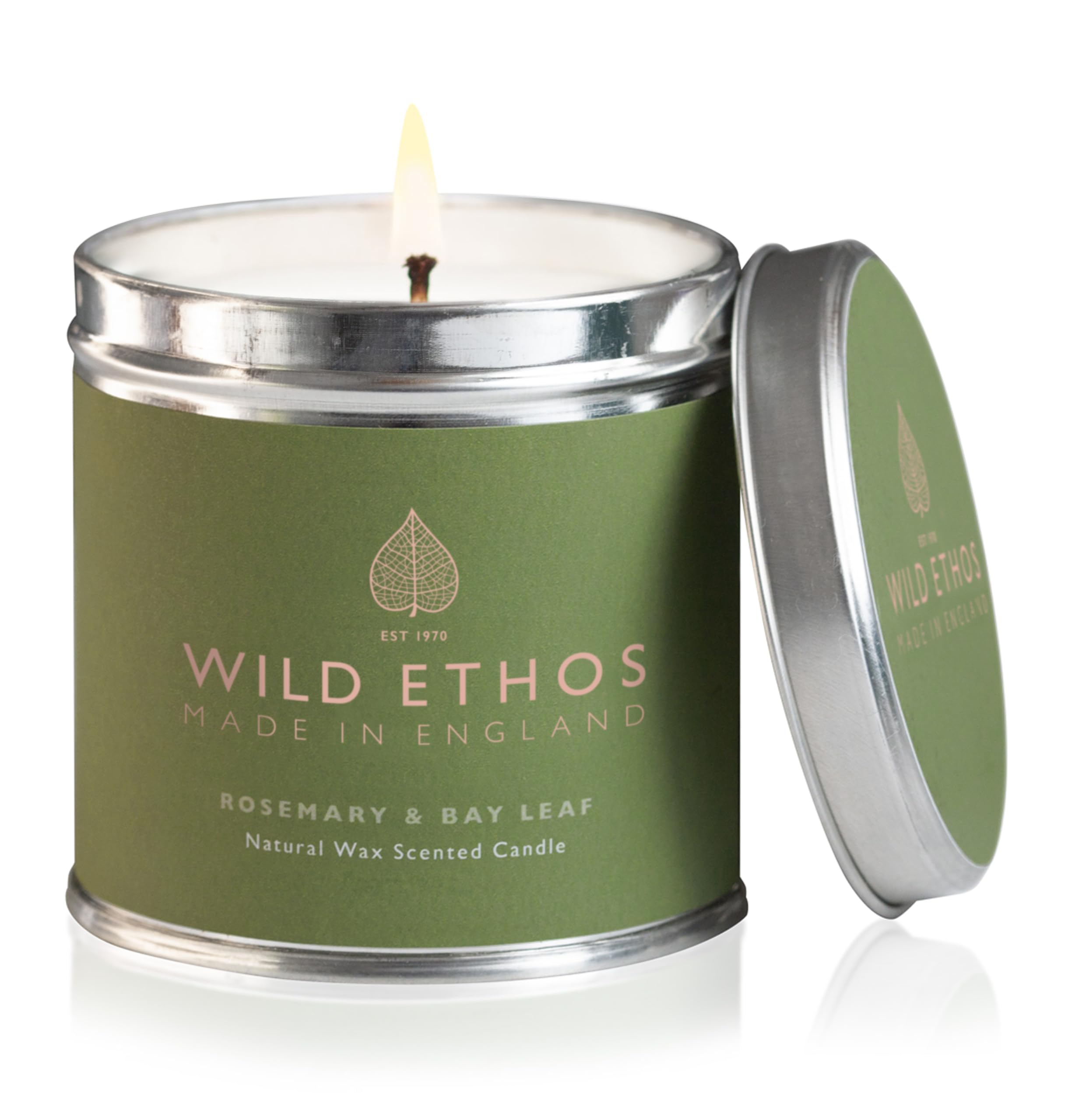 Ethos Candles Green Wild Ethos Naturals Premium Scented Natural Wax Tin Candle - Rosemary & Bay Leaf Scent - Hand-Poured In Uk - Burn Time 40+ Hours - Natural Ingredients For Less Smoke & Slow Burn