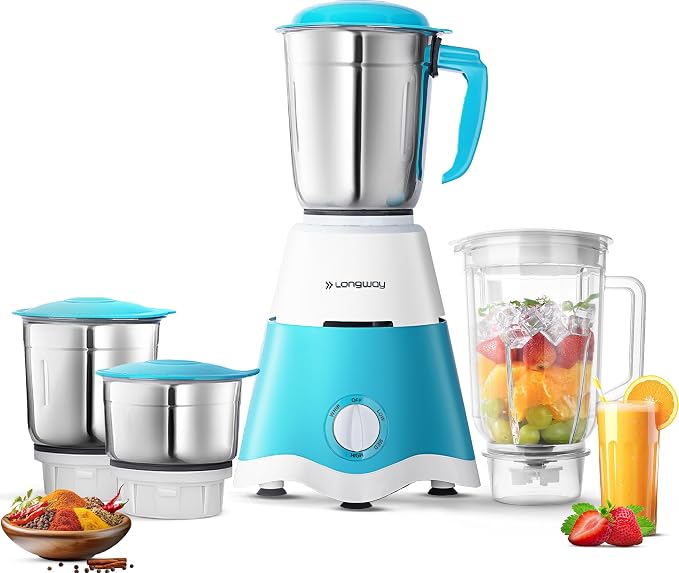 Longway Super Dlx 750 Watt Juicer Mixer Grinder with 4 Jars for Grinding, Mixing, Juicing with Powerful Motor 2 Year Warranty (Blue & White, 4 Jars)