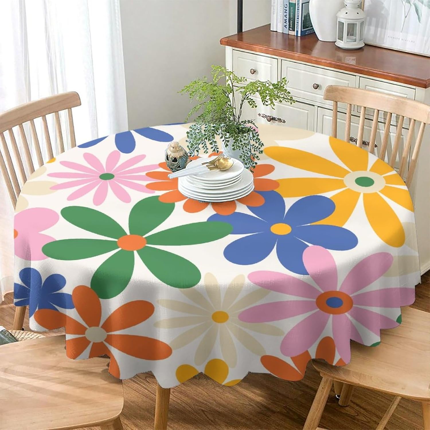 70s Retro Flower Tablecloth, 60s Vintage Groovy Daisy Flowers Boho Hippie Bright Colorful Floral Print Table Cover for Party Picnic Dining Room Kitchen 50x50inch