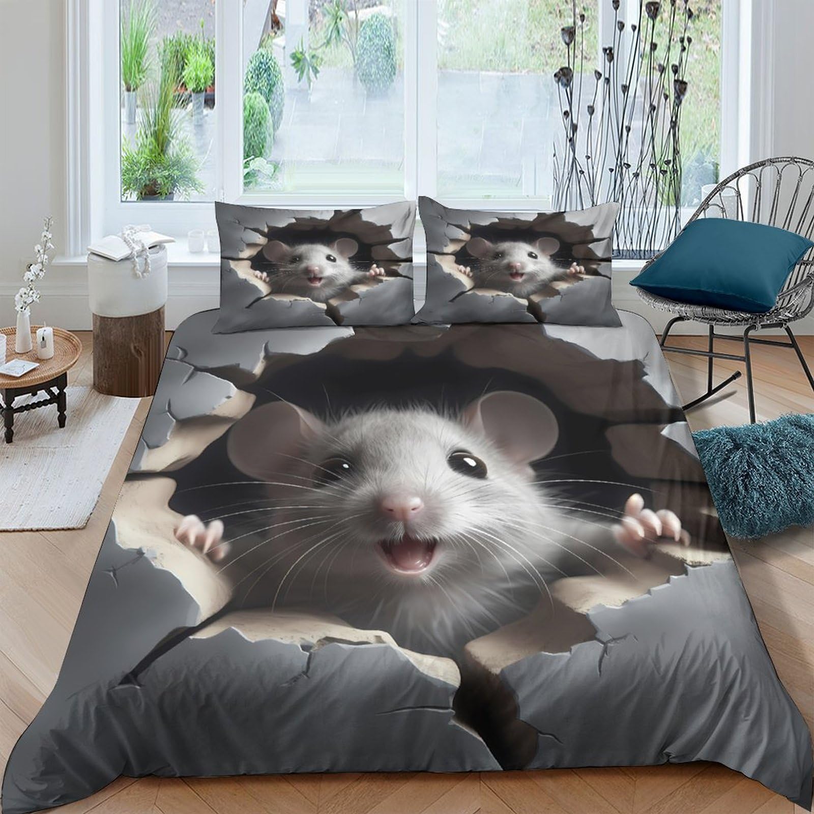 Ctjqhvkz Style-9 3D Printed Mouse Hole Fitted Sheet Microfiber Soft Breathable Cartoon Rat Bed Cover For Bedroom Dorm Decor Protection Single（135X200cm）