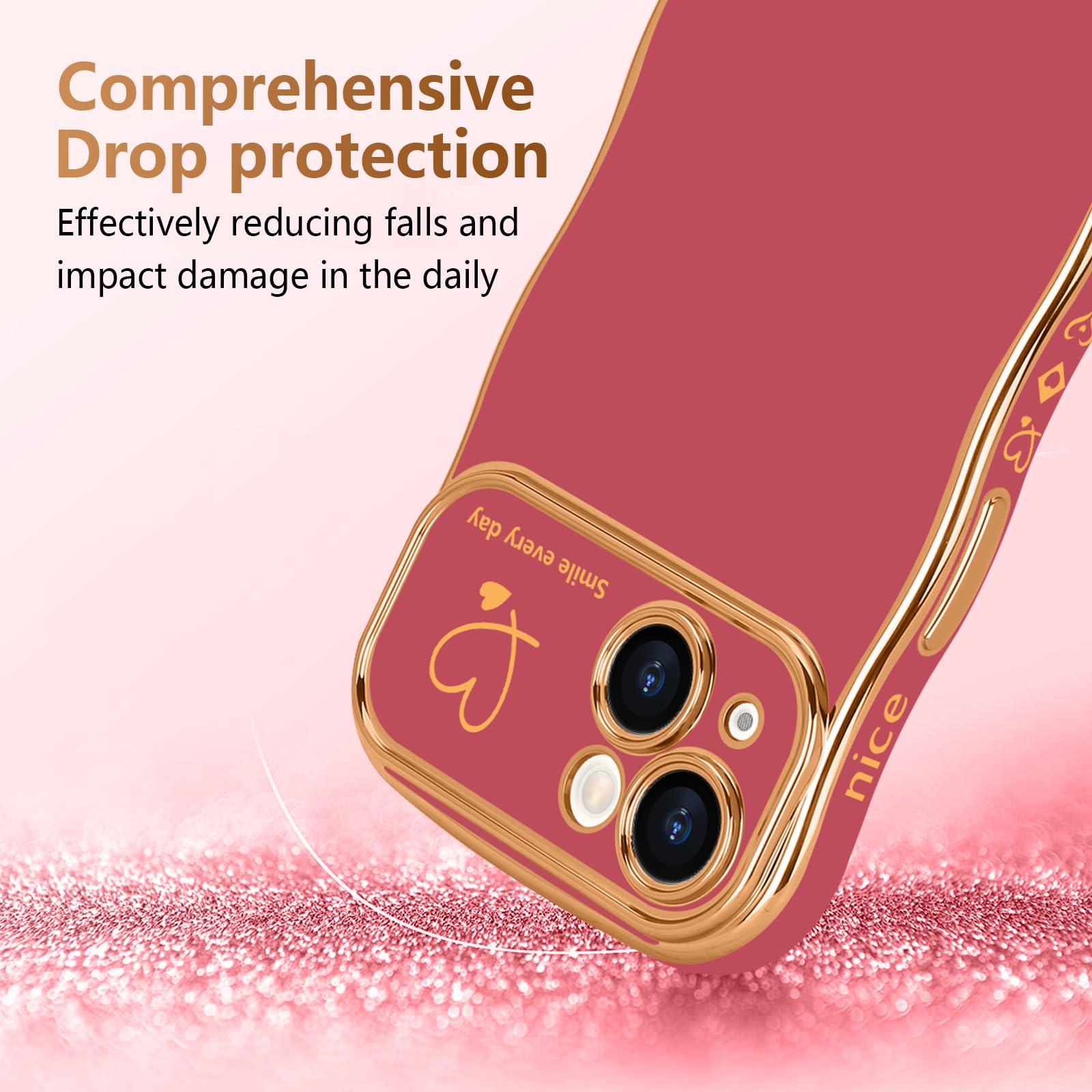 LCHULLE for iPhone 13 Case for Women Girls,Cute Curly Wave Frame Shape Love Heart Pattern Phone Case,Raised Camera Protection Luxury Plating Shockproof Cover for iPhone 13 6.1",Faint Red - Image 3