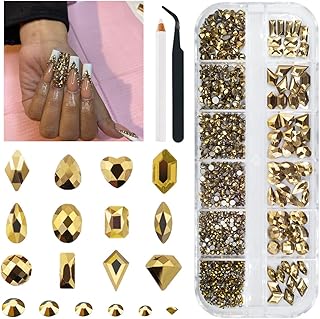 2052Pcs Mine Gold Nail Rhinestones 72 Multi Shapes Flatback metallic golden Rhinestones Gems +1980 Round Beads K9 Glass Nail Stones Diamonds Nail Art Supplies for Nails Faces Eyes Makeup Crafts