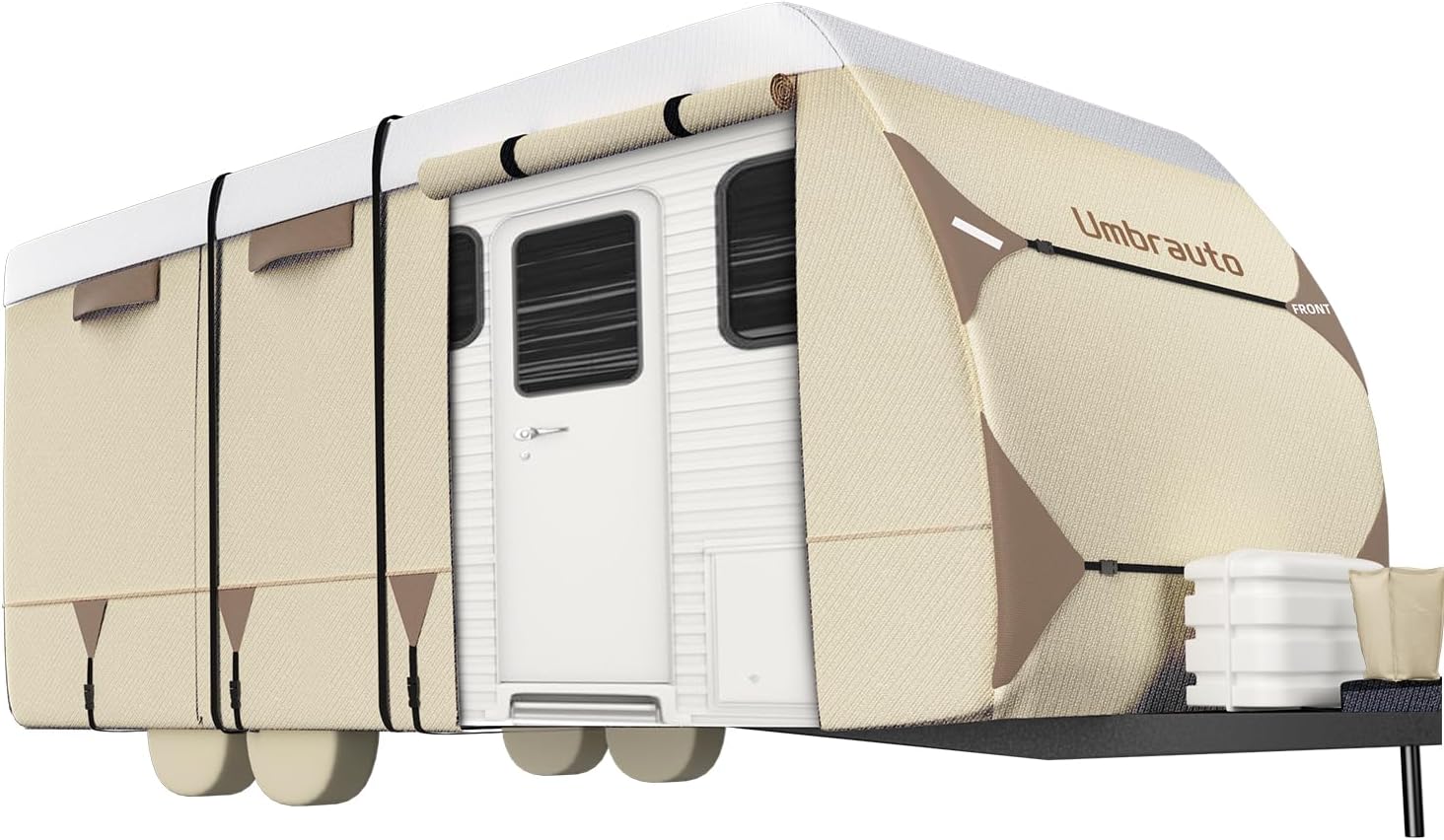 Umbrauto Travel Trailer RV Cover, Upgraded 3 Layers Side Camper Cover Waterproof Durable Toy Hauler Cover Fits 14-16ft RV with 4 Tire Covers, Tongue Jack Cover, Extra Windproof Ropes, Gutter Covers