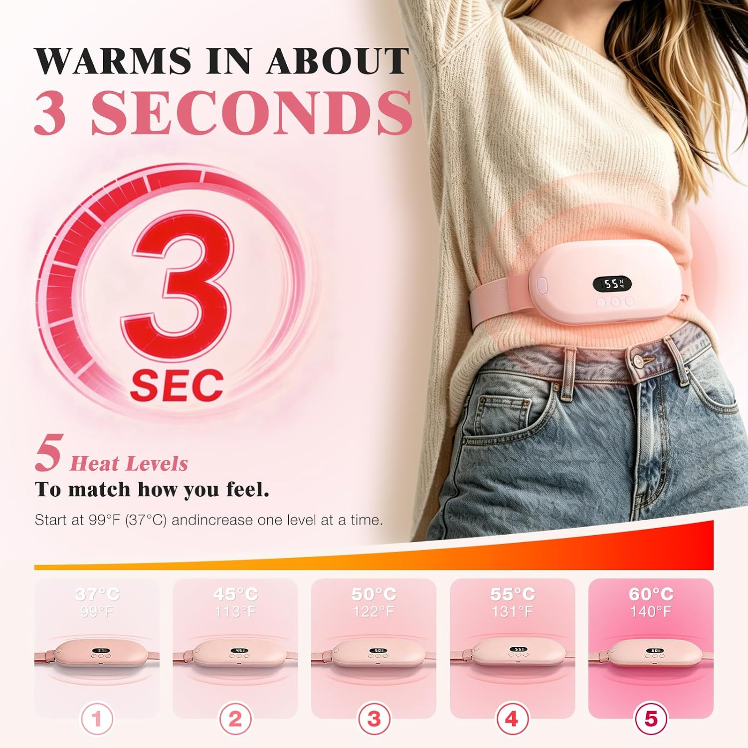 Portable Heating Pad for Period Cramps, Cordless Rechargeable Wearable Menstrual Heating Pad for Women, 4000mAh, 5 Heat Levels, 5 Vibration Modes, Up to 15H Use, FSA Eligible HSA, USB-C, Pink image 3