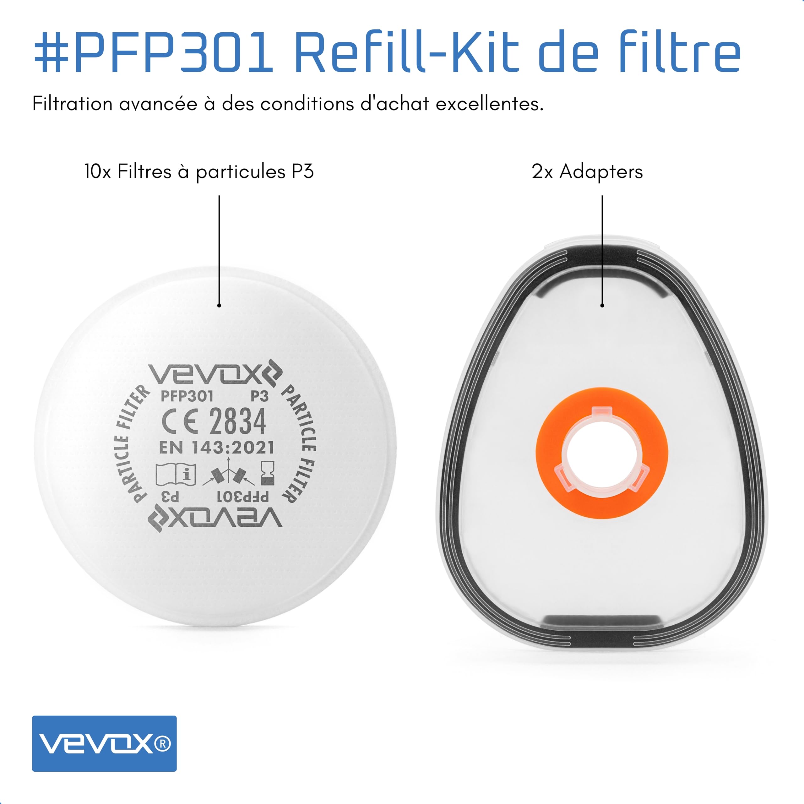 VEVOX® P3 Filtre à Particules en Set de 10 - Protection Contre Les Particules & aérosols - 99,5% d'efficacité de Filtration des Particules & aérosols (0,6μm) - 2 x conteneurs en Plastique Inclus