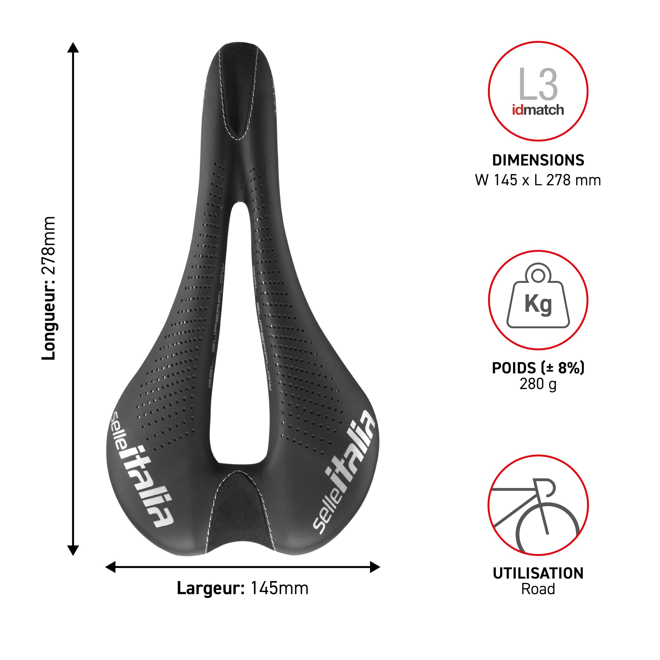 Selle Italia - Max SLR Gel Superflow Road Bike Seat, Rail TI 316 Tube Ø7, Road Saddle Gran Turismo Fiber-tek Comfort Gel, Shock Absorber