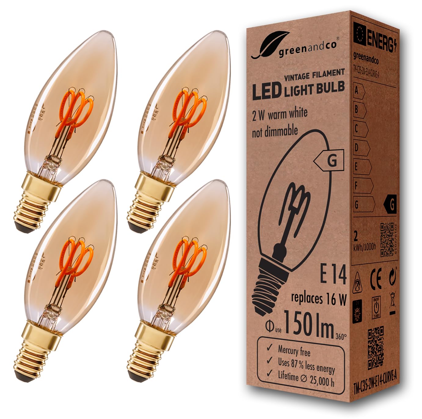 greenandco 4x Vintage Glühfaden LED Kerze | gold | E14 C35 | 2W 150lm | 2000K extra warmweiß | 360° | 230V | flimmerfrei | nicht dimmbar