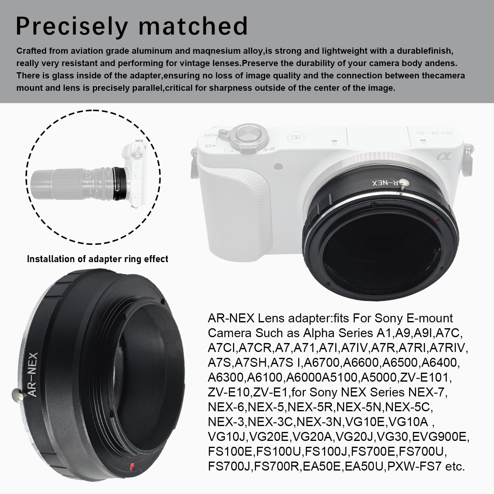 AR NEX Objektivadapter Ring,für Konica AR Objektiv Kompatibel für E Mount Kamera,NEX 3,NEX C3,NEX F3,NEX 3N,NEX 5,NEX 5,NEX 5N,a3000,a3500,a5000,a6500 ,a7,a7R;AR NEX Lens Adapter
