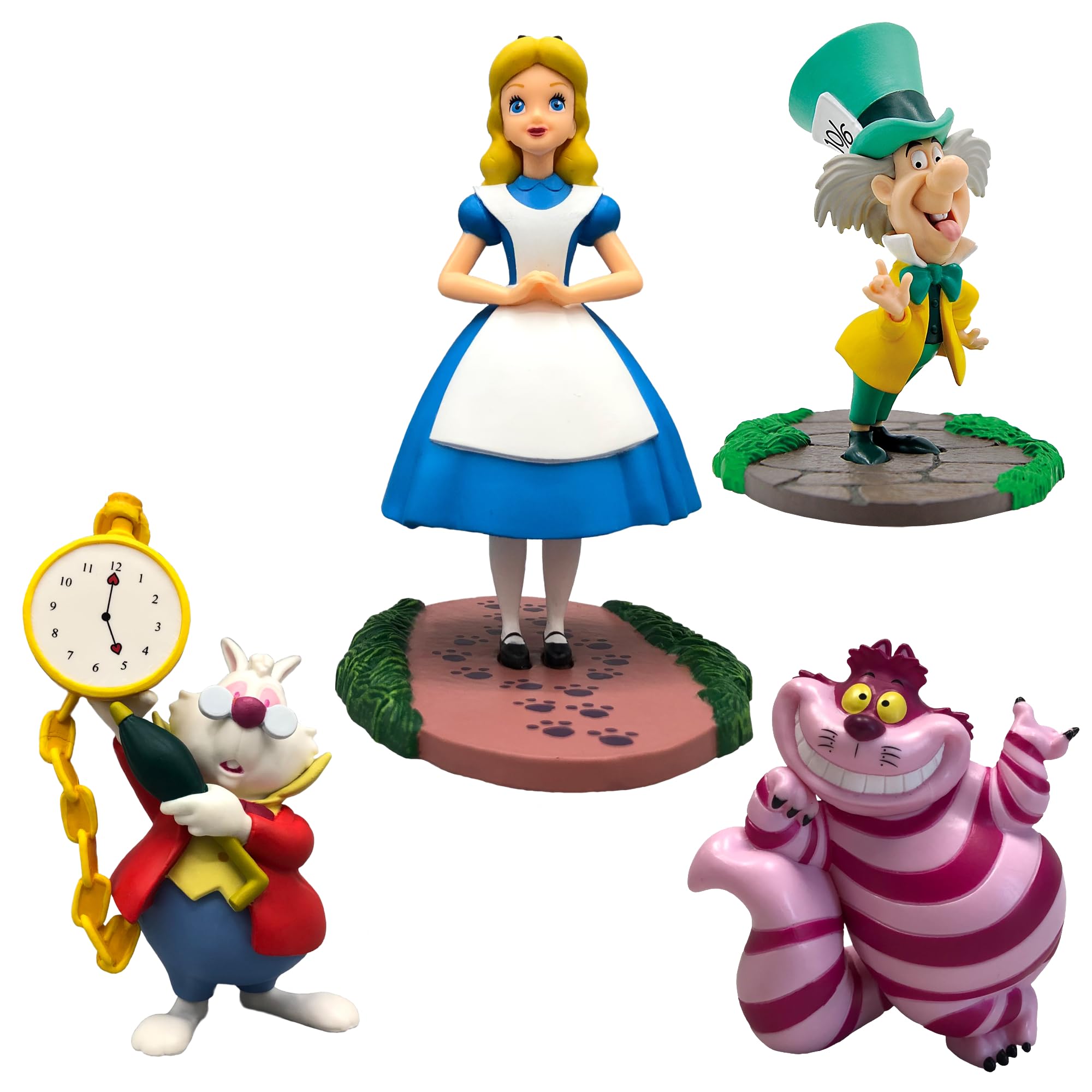 Bullyland Set Disney Alice nel Paese delle Meraviglie – Alice, Cappellaio Matto, Bianconiglio e Stregatto, Figurine Dipinte a Mano Senza PVC, Figure Collezionabili e Cake Design, 3+