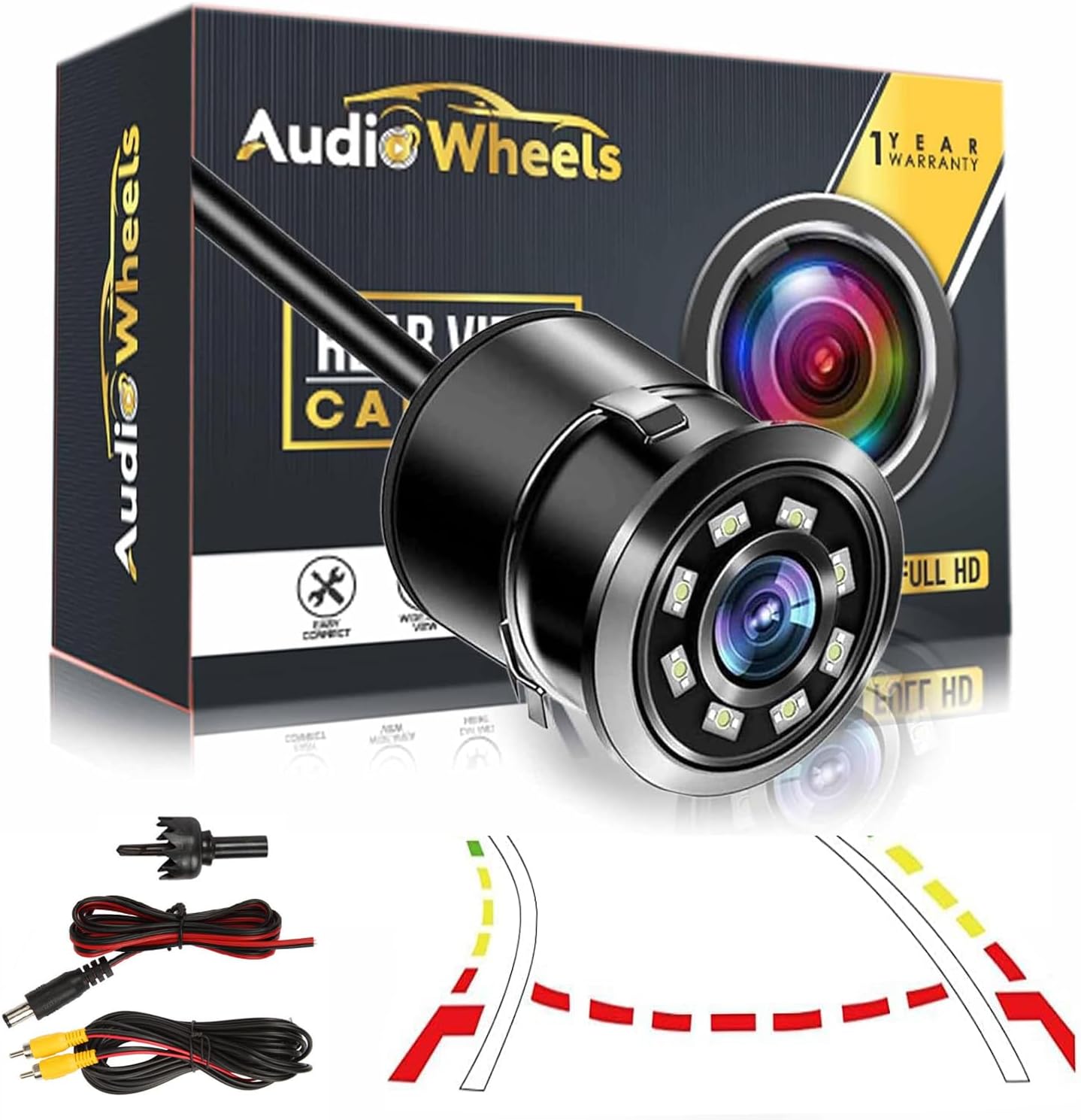 Audio Wheels Dynamic Path Guide Line with 150°Perfect View Angle Design Waterproof Universal 8 LED Lights Always Bright Night Lamp Rear View Car Reverse Camera