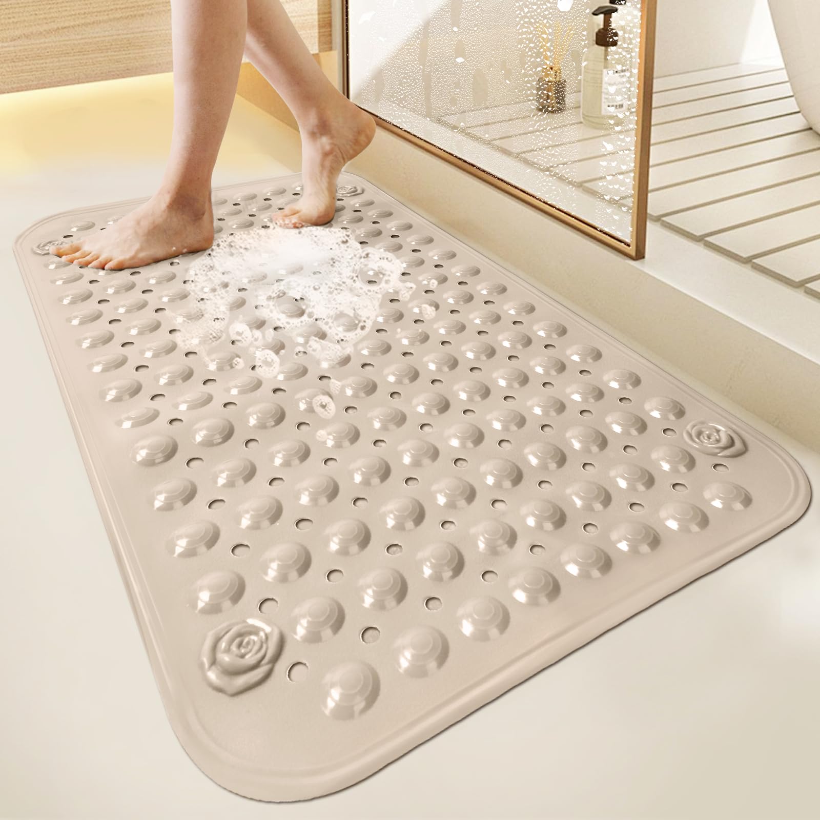 Tapis de Douche Antidérapant 50x80cm,Tapis Antidérapant Douche avec Ventouses et Trous de Drainage,Matériau PVC,Toucher Doux,Beige
