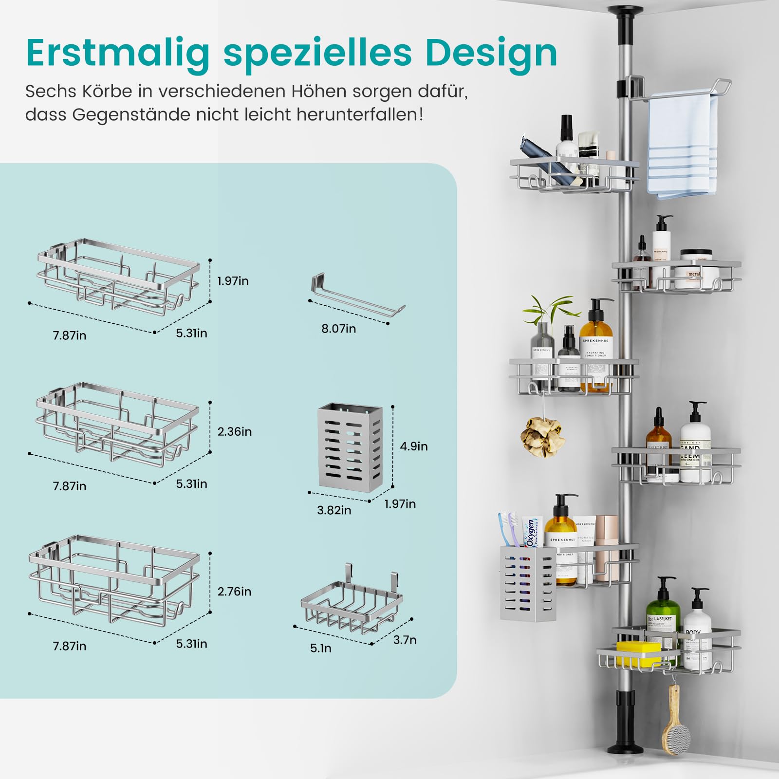 Mixoo 6 Stück Duschablage Ohne Bohren, Teleskop 3.4M Duschregal Eckregal fur Badezimmer, 304 Edelstahl Bad Organizer für Dusche und Badewanne Schwarz (Gewehrgrau) | Höhenverstellbar:30.5-111.9in Teleskopregal für Dusche/Badewanne, Duschablage mit Handtuch