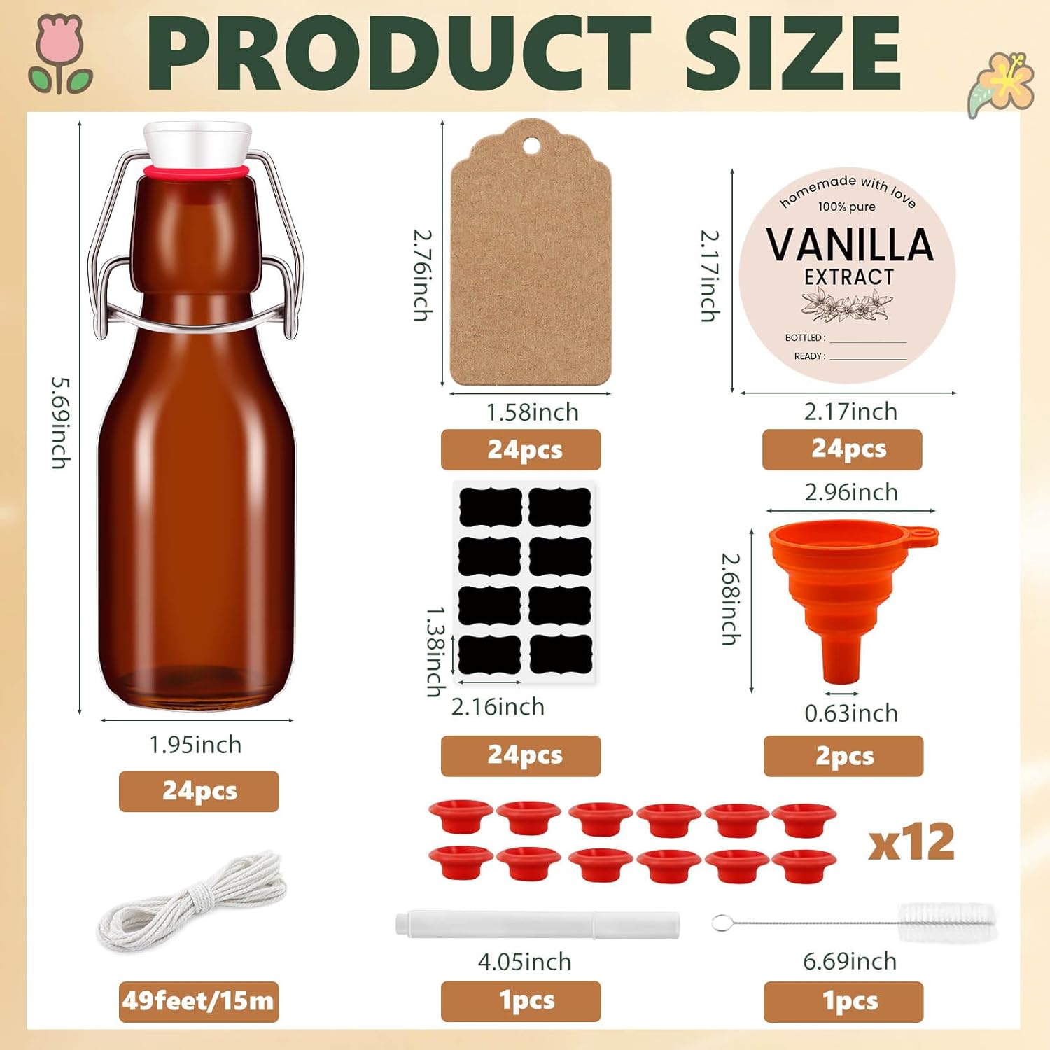 24 Pack 4 oz Swing Top Glass Bottles Amber Flip Top Glass Bottles Vanilla Extract Bottle with Airtight Lid Flip Top Beer Brewing Bottle for 2nd Fermentation Vanilla Extract Kombucha Beverage Soda