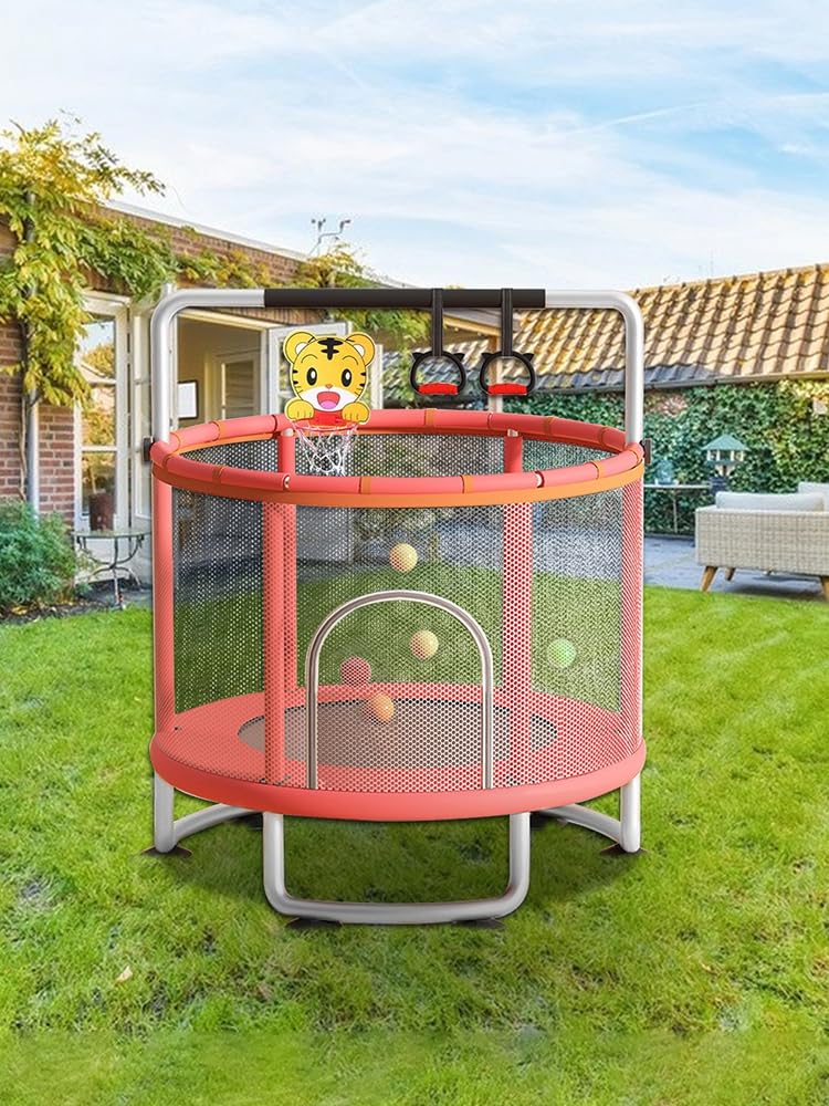 Trampolín infantil de 60 pulgadas con canasta de baloncesto, columpio y pelotas de océano – Red de seguridad de 360 grados, carga máxima de 440 libras, cama elástica interior para niños de 3 a 8 años