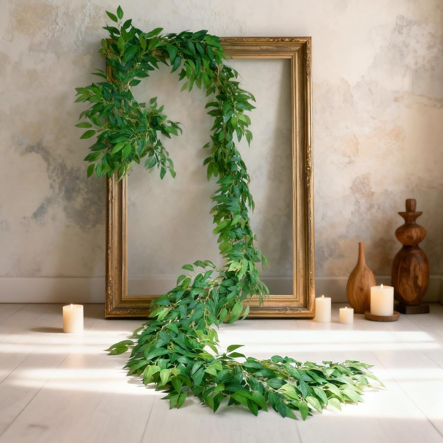 2 Pcs 10 Feet Artificial Vines Garland Faux Italian Ruscus Vine Twigs Silk Green Leaves Greenery Garland for Wedding Table Centerpieces Arch Decor Party Room Home Garden Office Wall Decor - Image 3