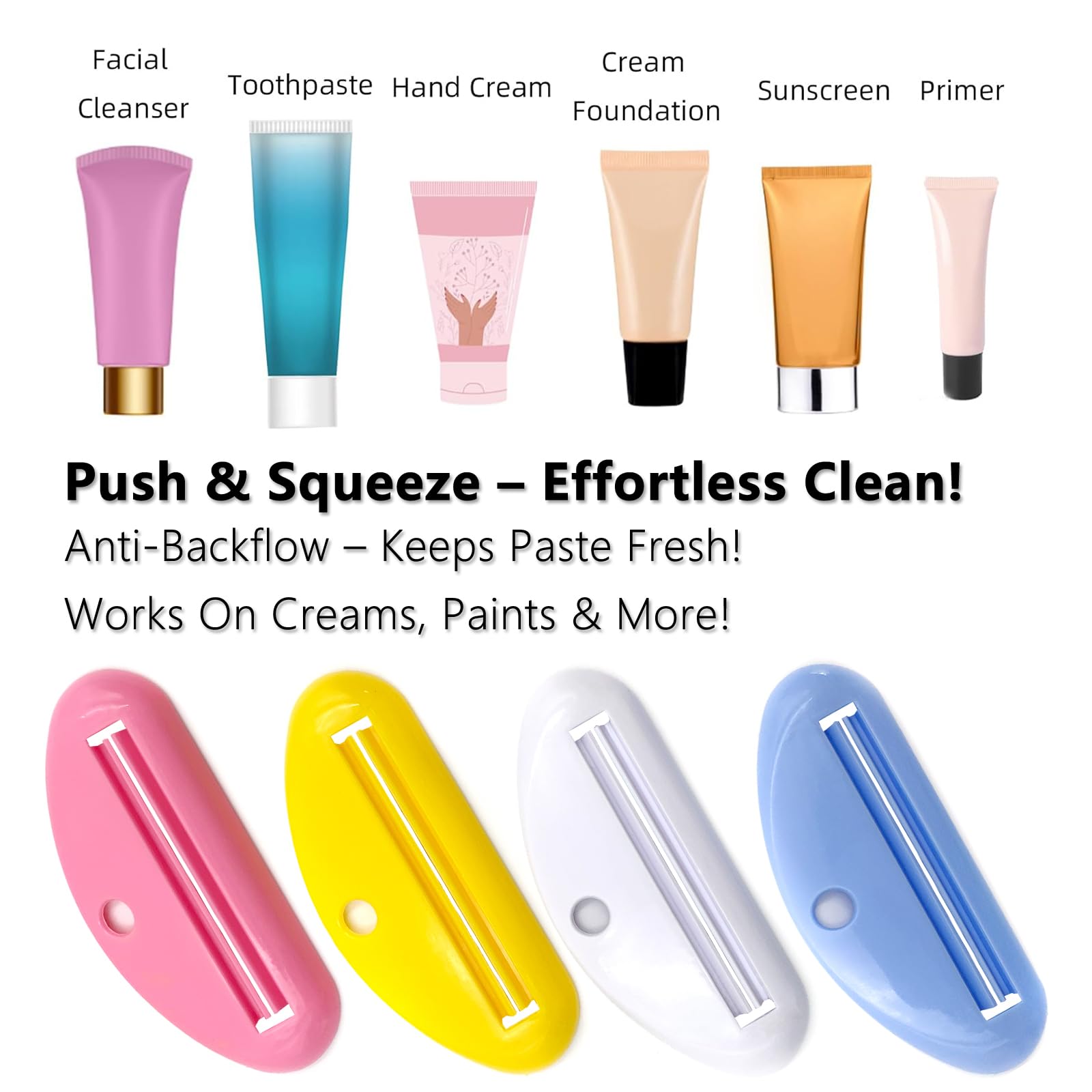 4 exprimidores de tubo de pasta de dientes, dispensador de pasta de dientes de plástico y soporte para baño, diseño de clip colgante para pasta de dientes, crema, cosméticos y pintura