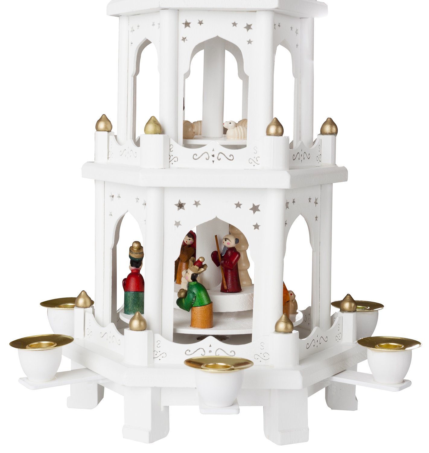 BRUBAKER Weiße Weihnachtspyramide inkl. 50er Pack Pyramidenkerzen Weiß - Holzpyramide mit 3 Etagen & Holz Figuren Handbemalt - 45 cm Pyramide Weihnachten - Drehbare Tischpyramide