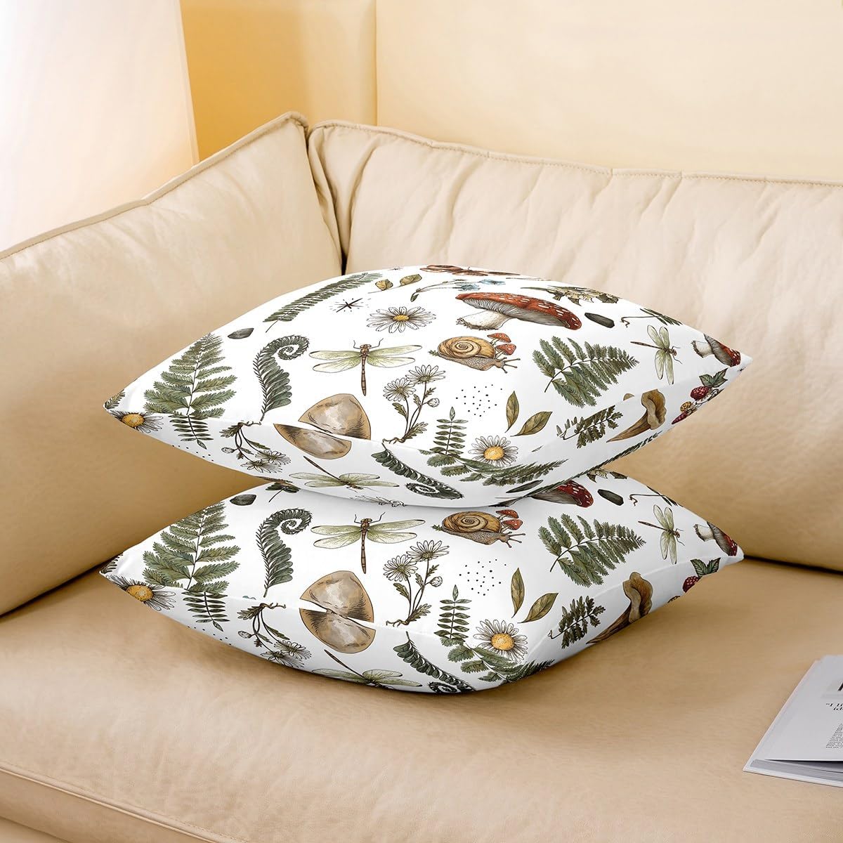 Mushroom Pillow Covers 24x24 Inch Set of 2 Wild Dragonfly Butterfly Hippie Daisy Pillow Cases for Kids Teens Adults Botanical Leaves Outdoor Plants Rustic Style Cushion Covers for Bed Chairs Sofa