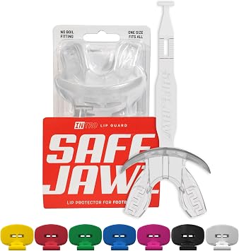SAFEJAWZ Football Mouth Guard, Sports Lip Guard with Connected Strap, Breathable Adult and Youth Mouthpiece, Football & Lacrosse Lip Protector Mouthguard Clear