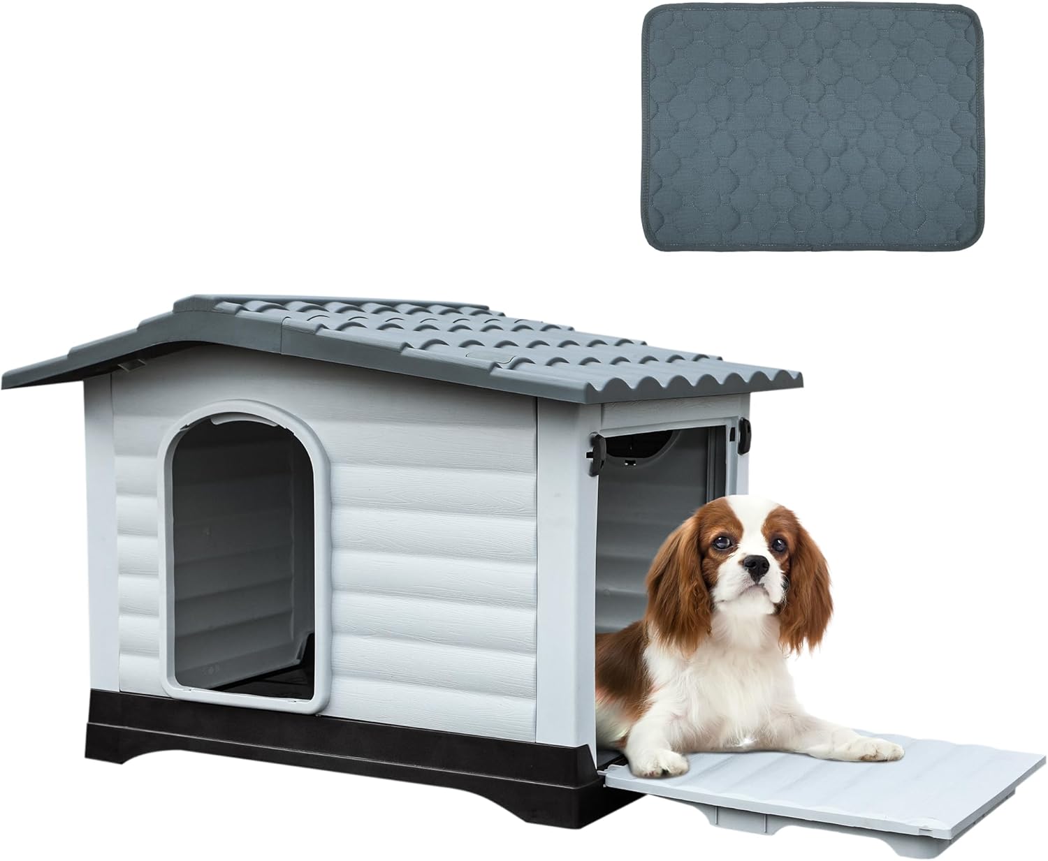 DWVO 43.7'' 2-Door Dog House with Elevated Base & Cushion, Plastic Pet House for Small, Medium, and Large Dogs, Easy Assembly, Water-Resistant for Indoor/Outdoor Use (43.7''L x 33''W x 31.6''H)