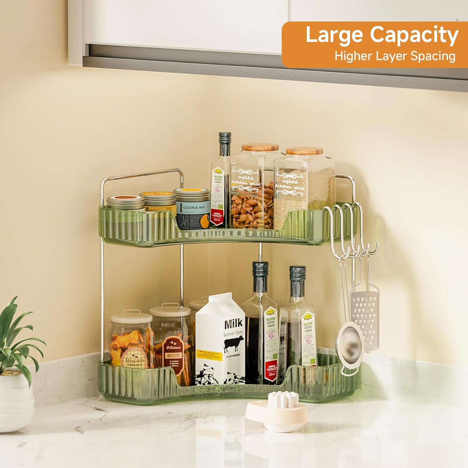 Corner Counter Organizer, 2-Tier Bathroom & Kitchen Storage Tray with Hooks | PET Green Vanity Organizer for Skincare, Makeup & Jewelry