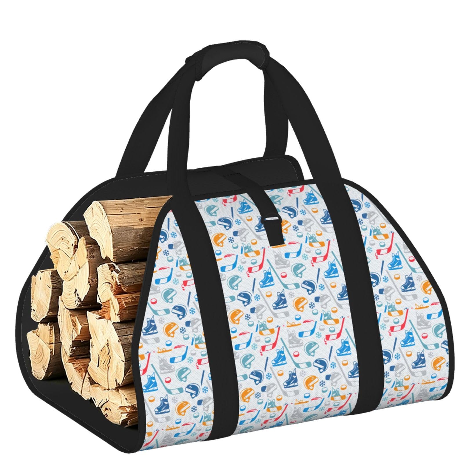 Ayyqwe Black Hockey Elements Creative Patterned Print Firewood Bag Wood Waterproof Versatile Camping Picnic Storage Daily Home