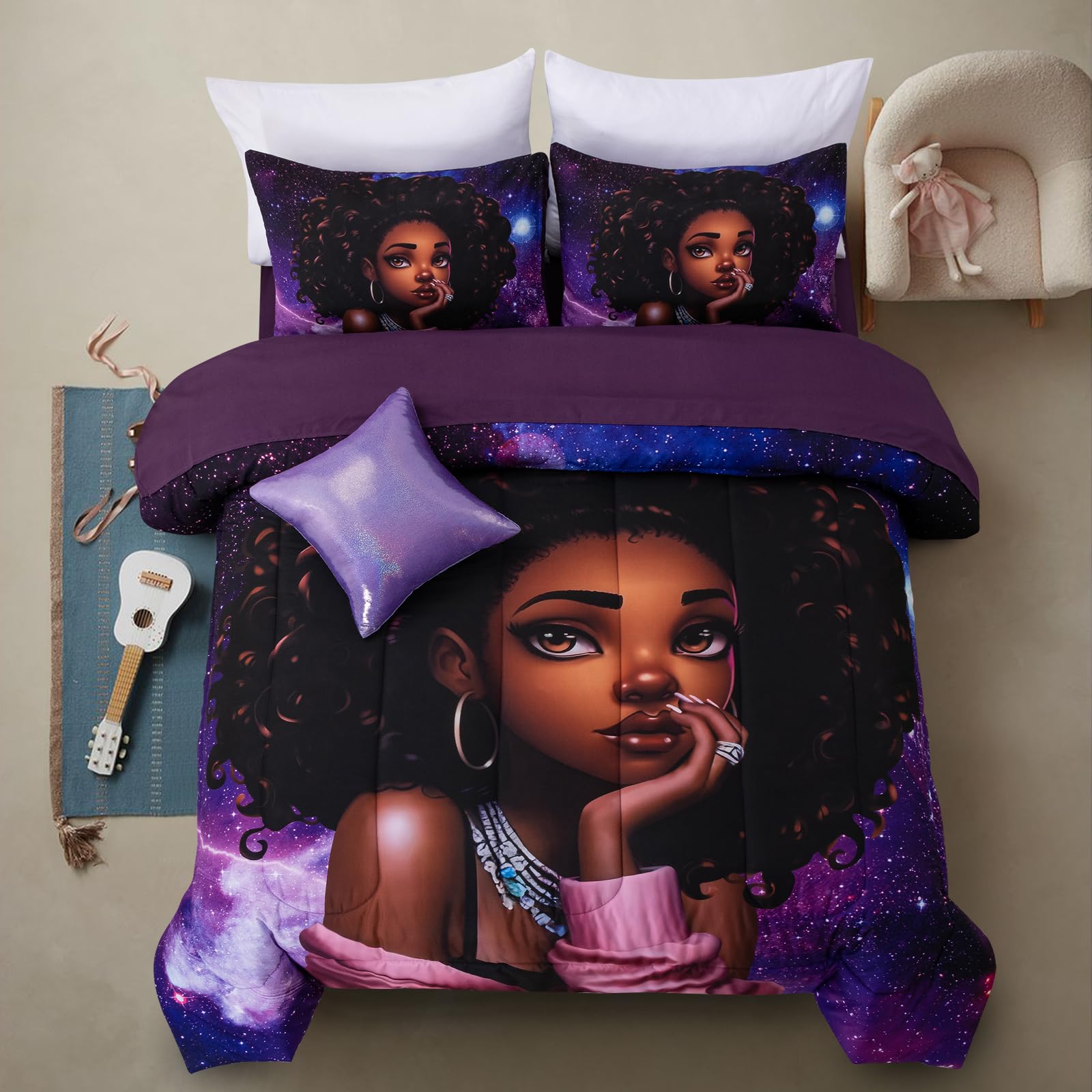 A Nice Night Purple Gradient Galaxy Printed Bedding Sets,Black Girl with Fashionable Shinny Necklace 6pcs Comforter Set,Queen