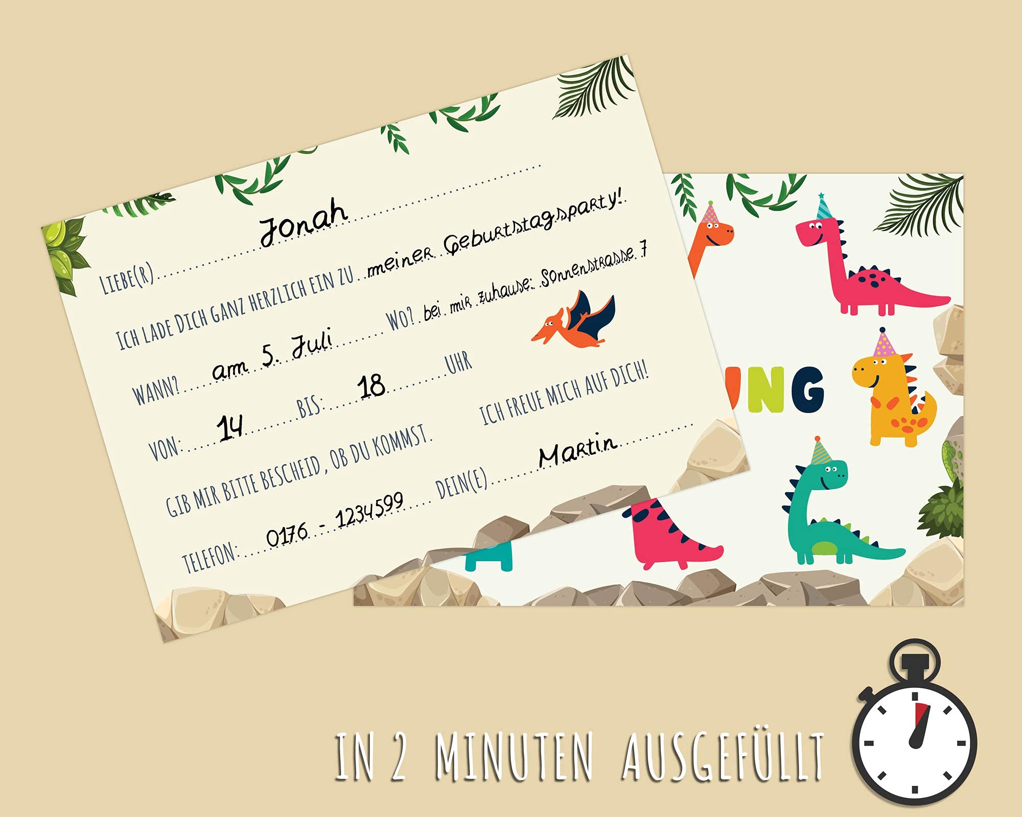 Friendly Fox Invito Dino – 12 biglietti d'invito dinosauro per il compleanno dei bambini – Dinoparty – Biglietto di compleanno Dino Time