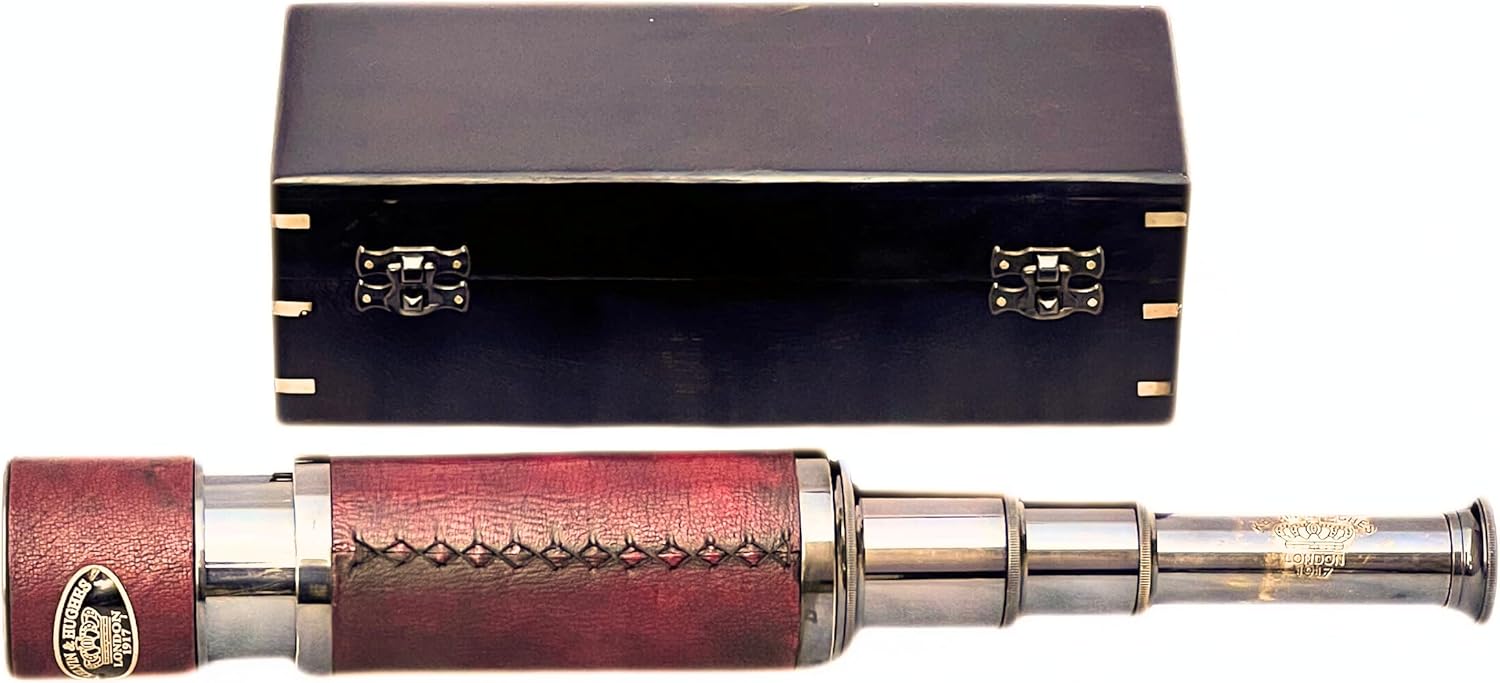 Vintage Brass Spyglass Telescope – Handheld Half Leather Carving Design with Wooden Box | 15x Magnification for Bird Watching, Hiking, Travel, Nautical Décor