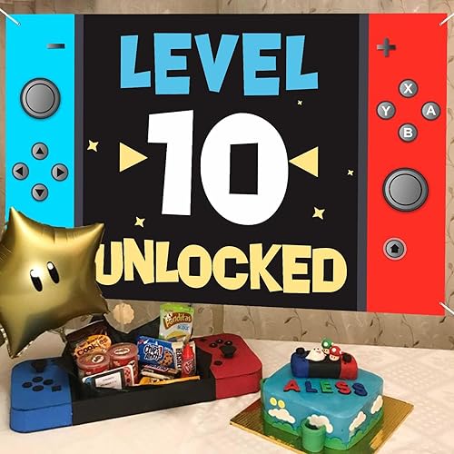 Miniatura 6 de Nivel 10. desbloqueado feliz 10. cumpleaños de nivel de fondo para cabina de fotos, accesorios para decoración temática de videojuegos juvenil para