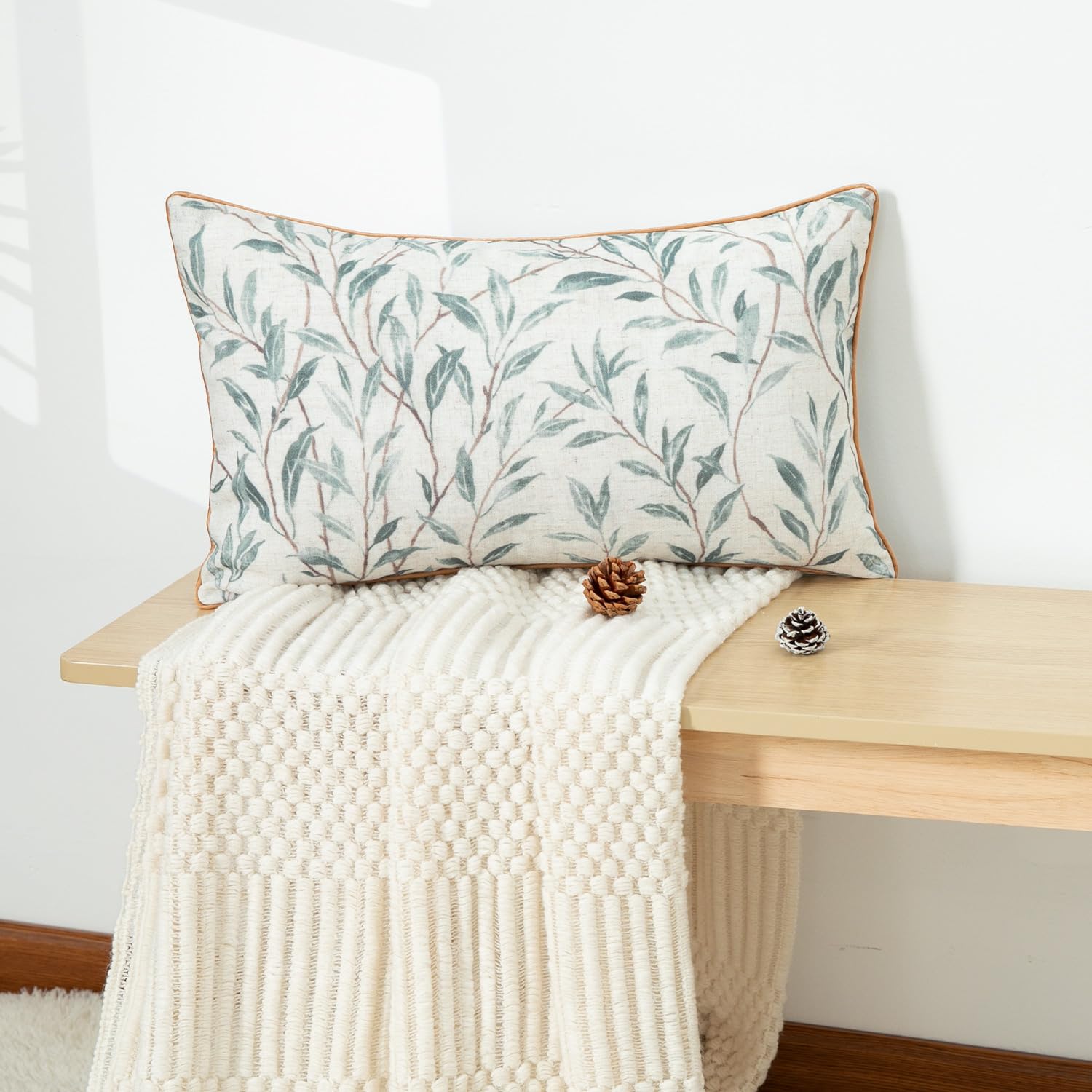 VOGOL 12 x 20 Inches Lumbar Throw Pillow Cover, Modern Country Blue Leaves Farmhouse Sofa Throw Cushion Cover, Home Decorative Pillowcases for Couch