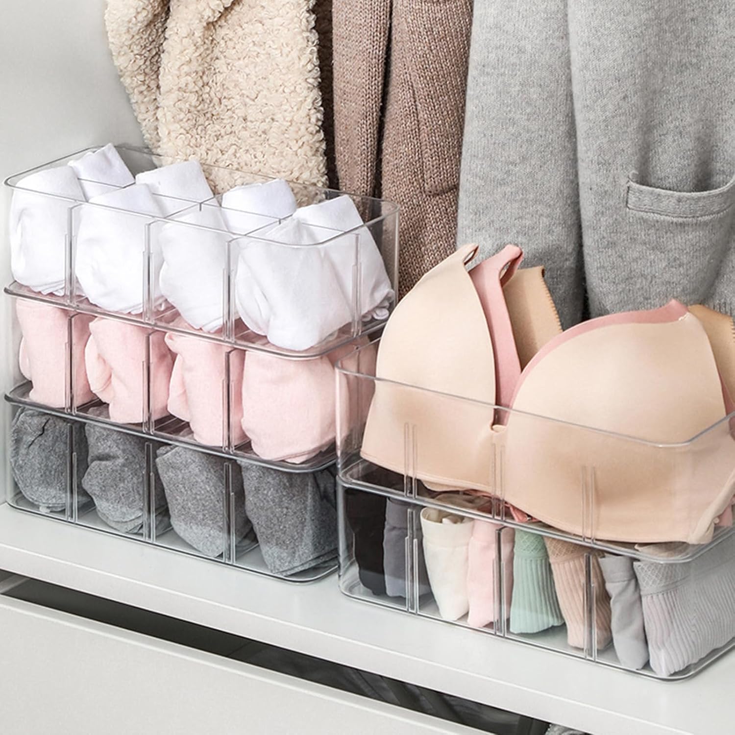 Underwear Organizer, With 8 Clear Grids, For Socks Panties Small Accessories Home Bedroom Closet, Stackable PS Plastic 270x130x82mm