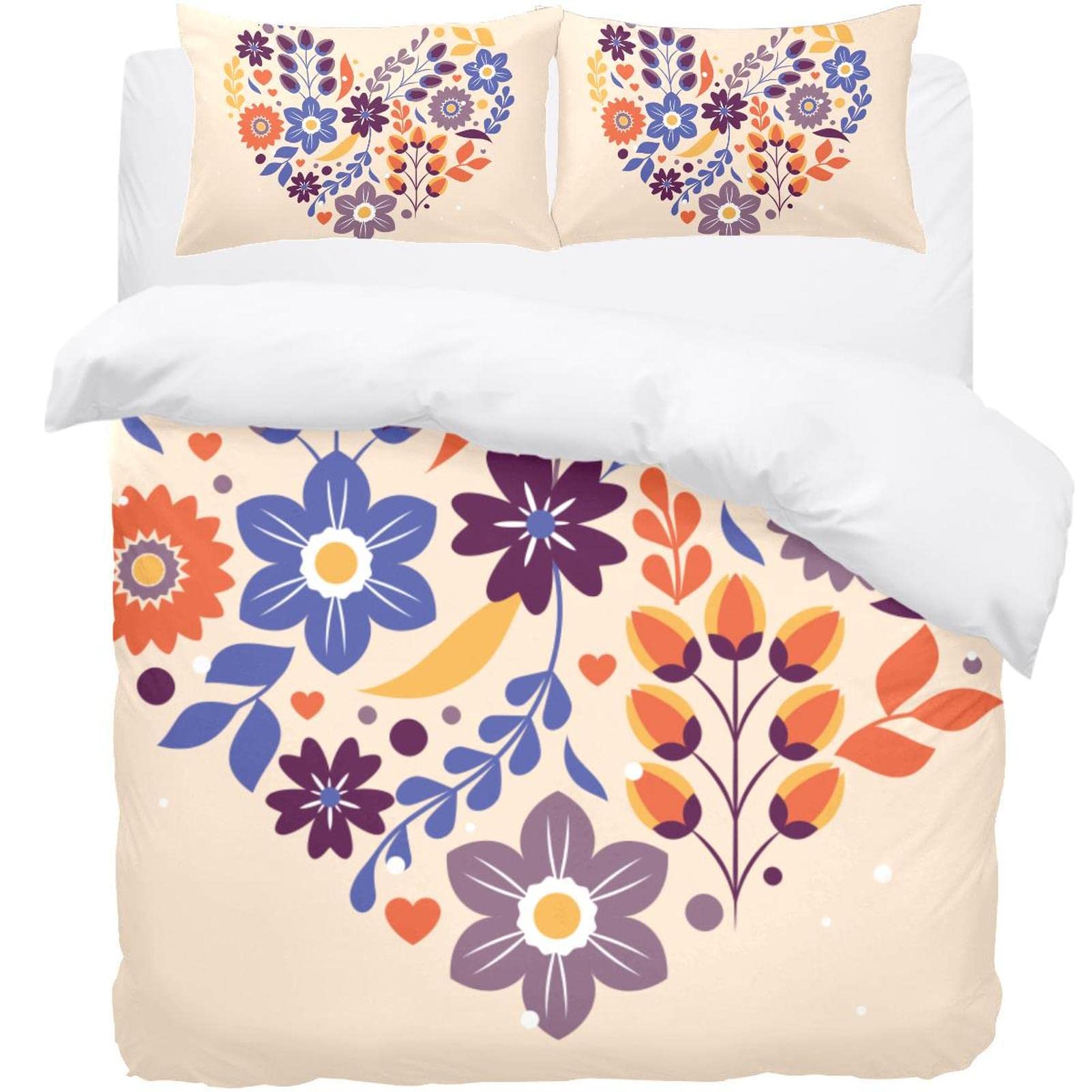 Housse de couette cœur floral parure de lit anti-plis avec 2 taies