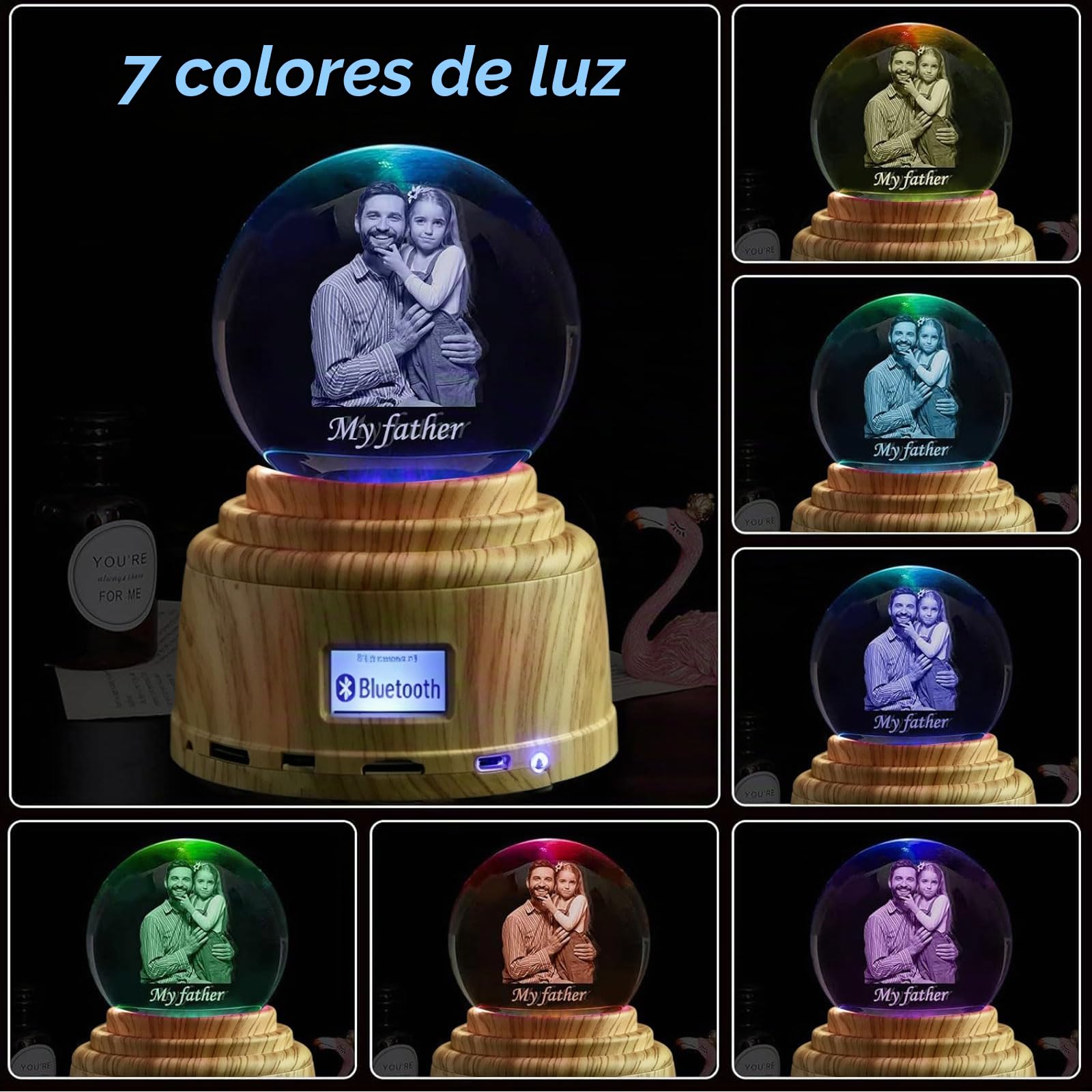Luz nocturna de bola de cristal personalizada, bola de fotos de cristal 3D personalizada, base LED con luces de colores, regalo personalizado para mujeres, hombres, padres y mamás