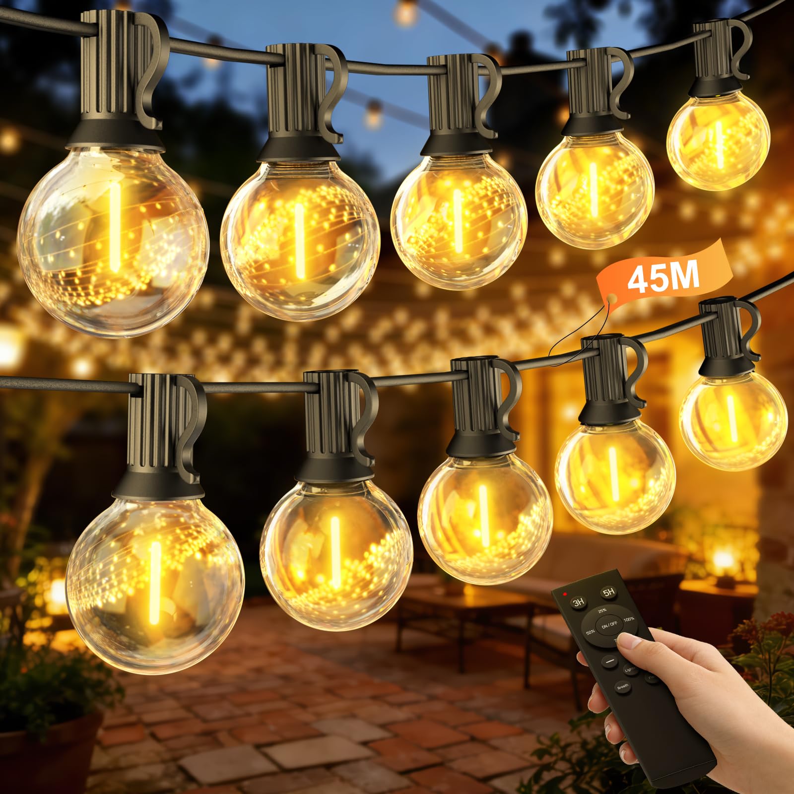 Lichterkette Garten Außen mit Fernbedienungen, 45,7M Dimmbar LED Lichterkette Außen mit G40 Wasserdichte Glühbirnen, Outdoor Lichterketten Strom für Party, Terrasse, Hochzeiten, Balkon