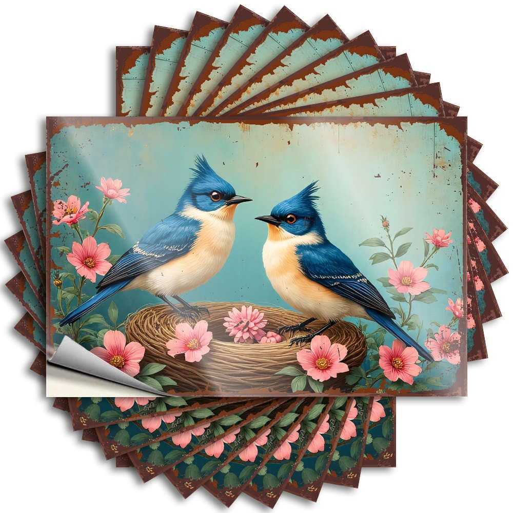 Decals Beer Peel and Stick - Two Blue Birds Sit On A Nest Surrounded By Pink Flowers. Hard Core Waterproof Vinyl for Best(6X9CM)