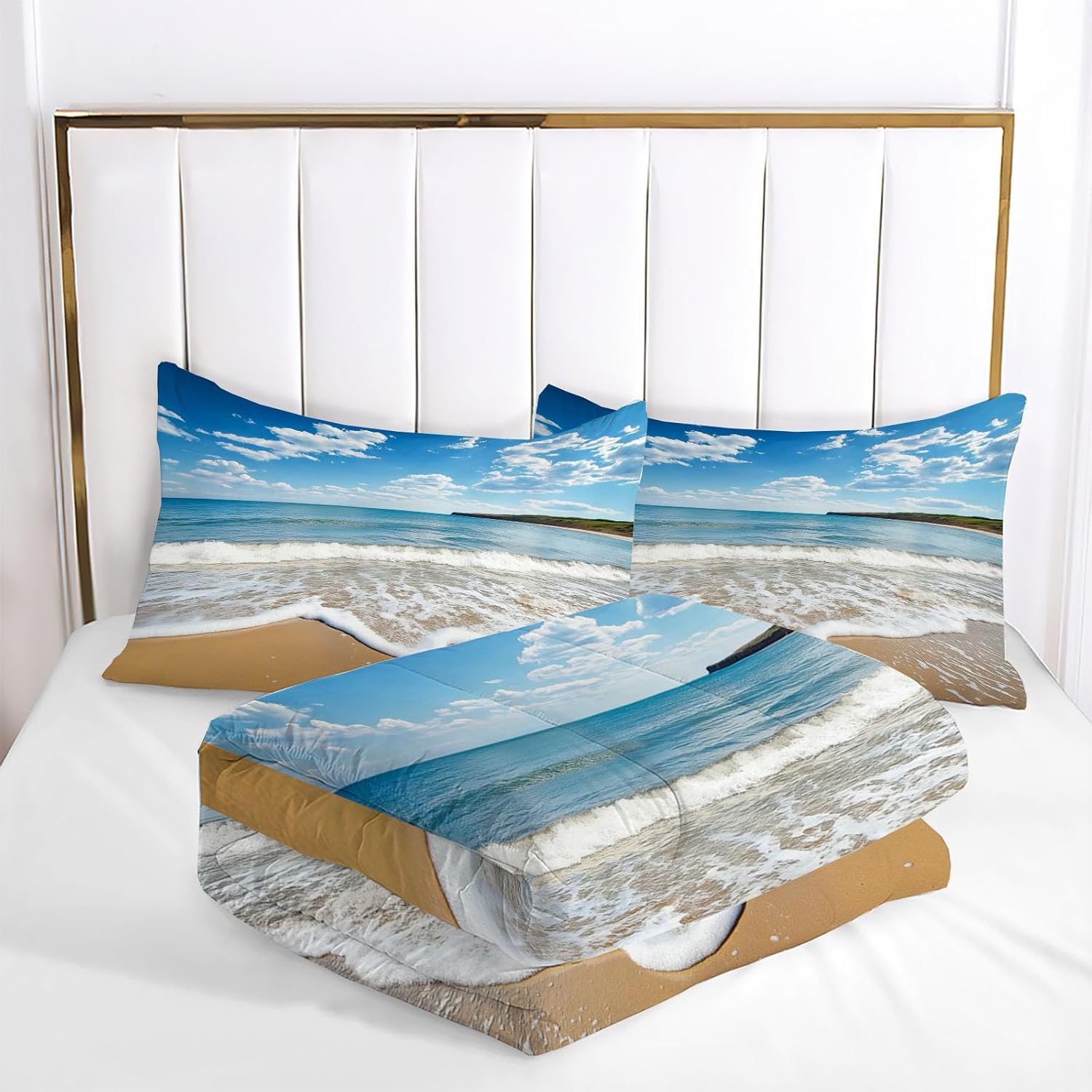 3D Golden Beach Comforter Set Queen Size Bedding Set Beautiful Sea View All Season Down Comforter Printed Quilted with 2 Pillow Shams for Kids, Teens, Adults 90 x 90in Sky Blue