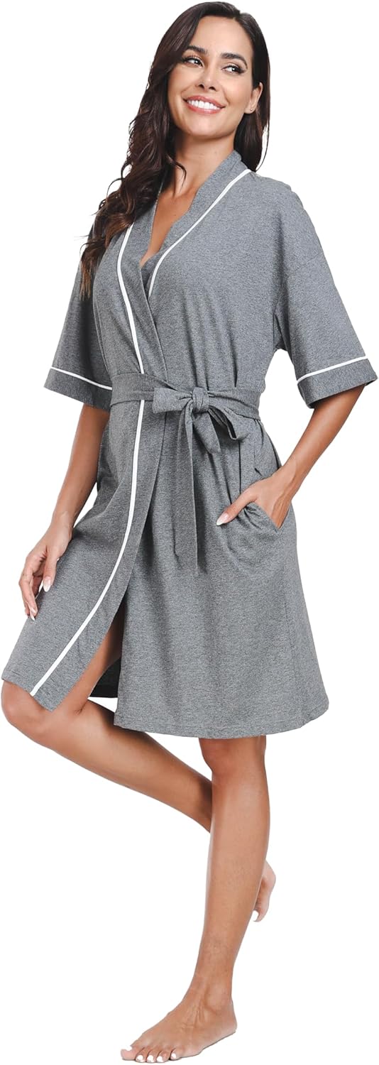 EA'S SECRET Women's 100% Cotton Summer Short Robes Lightweight Spa Robe Soft Knit Kimono Bathrobes with Pockets 1 PACK - Image 7