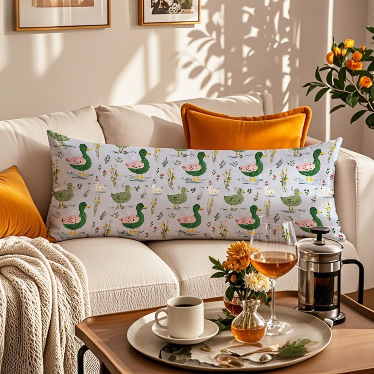 Duck Nursery Decor 20x54 Body Pillow Cover, Gifts for Duck Lovers, Farmhouse Cottagecore Waterfowl Farm Animal Decorative Long Body Pillow Cases for Nursery Kids Room Bed Couch