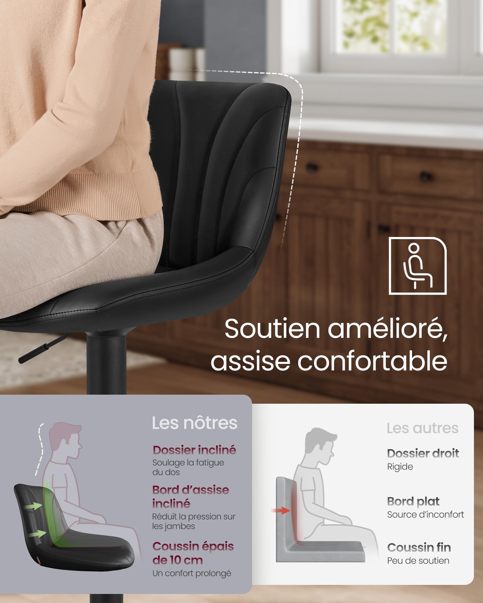 VASAGLE Tabourets de Bar, avec Dossier, Chaises de Bar Hauteur Réglable, Rotation à 360°, Repose-Pied en Métal, pour Salle à Manger, Cuisine, PU, Lot de 2, Noir d'encre LJB181BH01