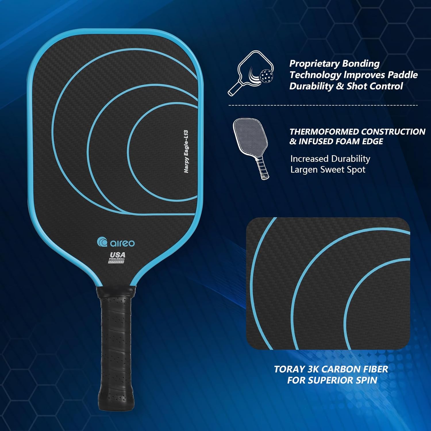 AIREO Harpy Eagle L13 Pickleball Paddle, 3K Carbon Fiber with 13MM Polypropylene Core Pickleball Paddles, Elongated Lightweight USAPA Approved Pickle Ball Paddle