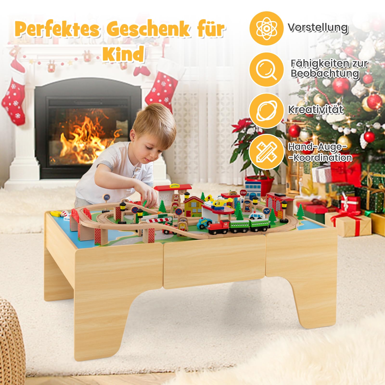 GOPLUS Spieltisch mit 84 Spielzeugteile, Kinder Eisenbahn Set mit Schublade & Umkehrbare Arbeitsfläche, Kinderaktivitätstisch zum Spielen, Bauen & Basteln für Kinder ab 3 Jahren
