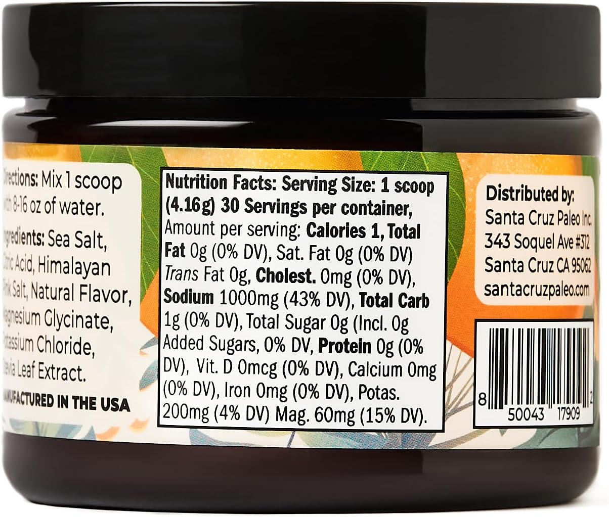 Santa Cruz Paleo Electrolyte Powder, Orange Flavor, Sugar Free Hydration Drink Mix with Himalayan Pink Salt, Sea Salt, Magnesium Glycinate, Potassium Chloride, Sweetened with Stevia, 30 Servings