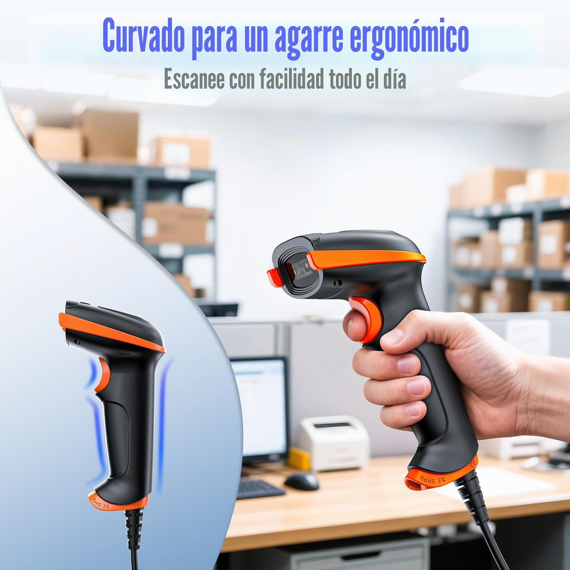 Tera Barcode Scanner 2D USB con Cable: Mango Ergonómico Plug&Play D5100Y | Protección IP54, CMOS rolling 640*480, lector 1D 2D QR, prefijo/sufijo, caja almacén escuela, PC móvil