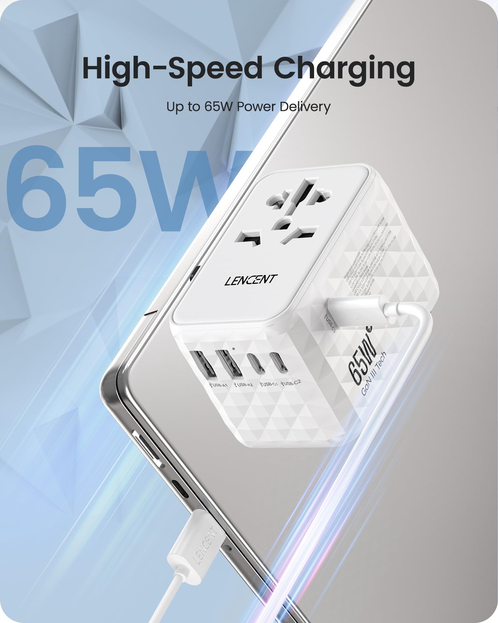 LENCENT 65W Adattatore Universale da Viaggio, Adattatore Presa con 2 USB-A | e 3 USB-C, Caricatore Alimentazione Rapida per Telefono Cellulare, Laptop, Spina Internazionale per UK, EU, AUS, USA -Bianco