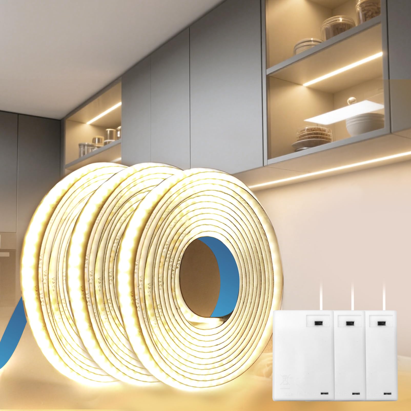 BAGZY Battery LED Strip Light COB 3 x 1M 5V Battery Powered LED Strip Tape Lights Natural White 4000K Self Adhesive Flexible Uniform Dotless Cuttable 320LEDs/M for Kitchen Mirror Bedroom Cabinet Decor